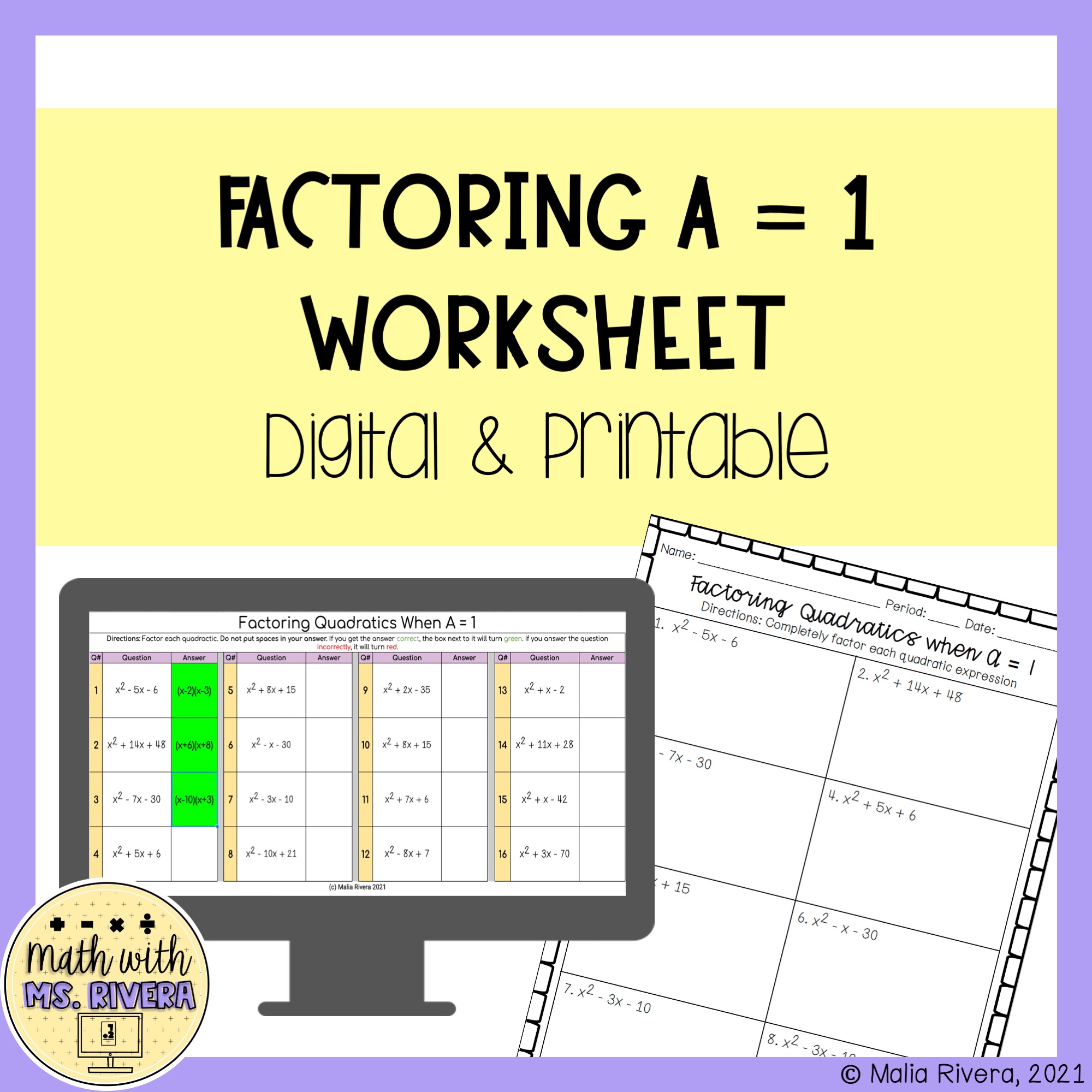 Factoring Trinomials when A = 20 Digital & Printable Worksheet Inside Factoring Trinomials A 1 Worksheet