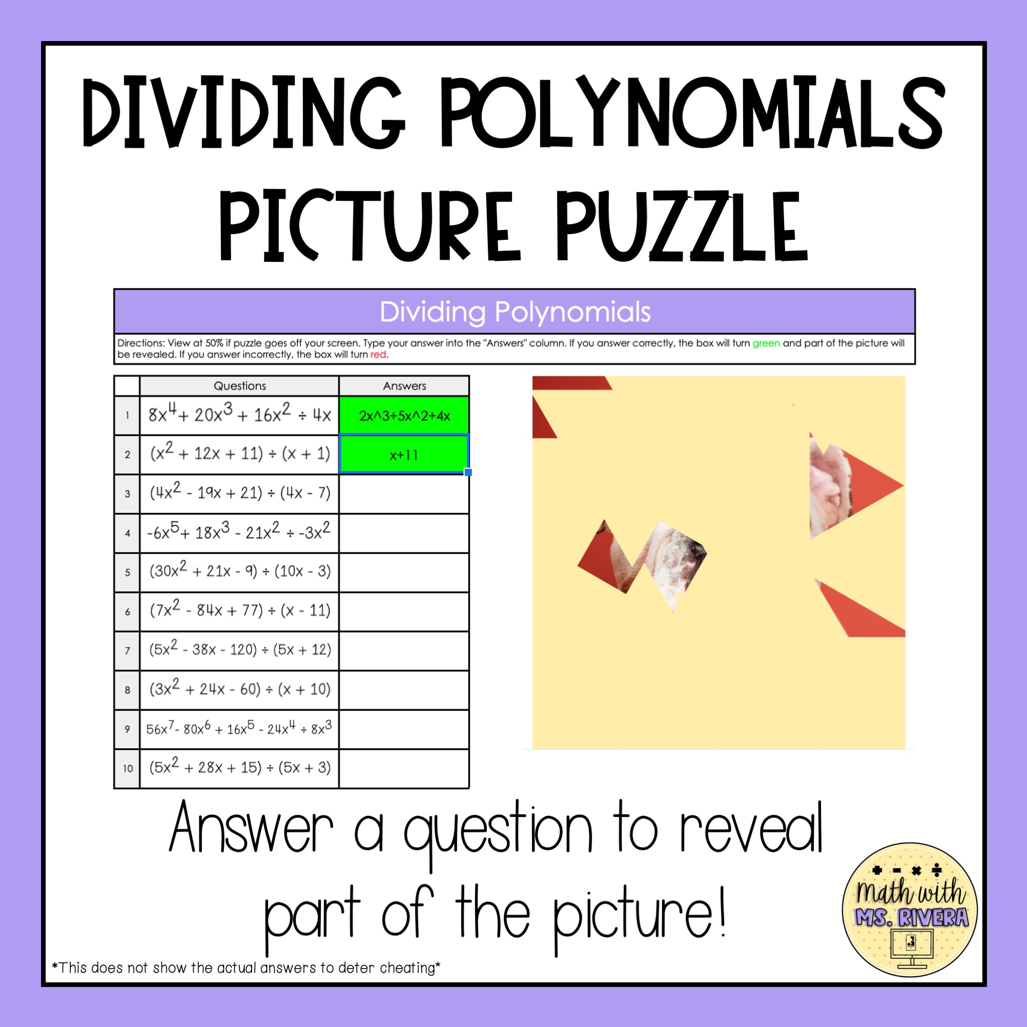 Dividing Polynomials Digital Picture Puzzle - Math with Ms. Rivera