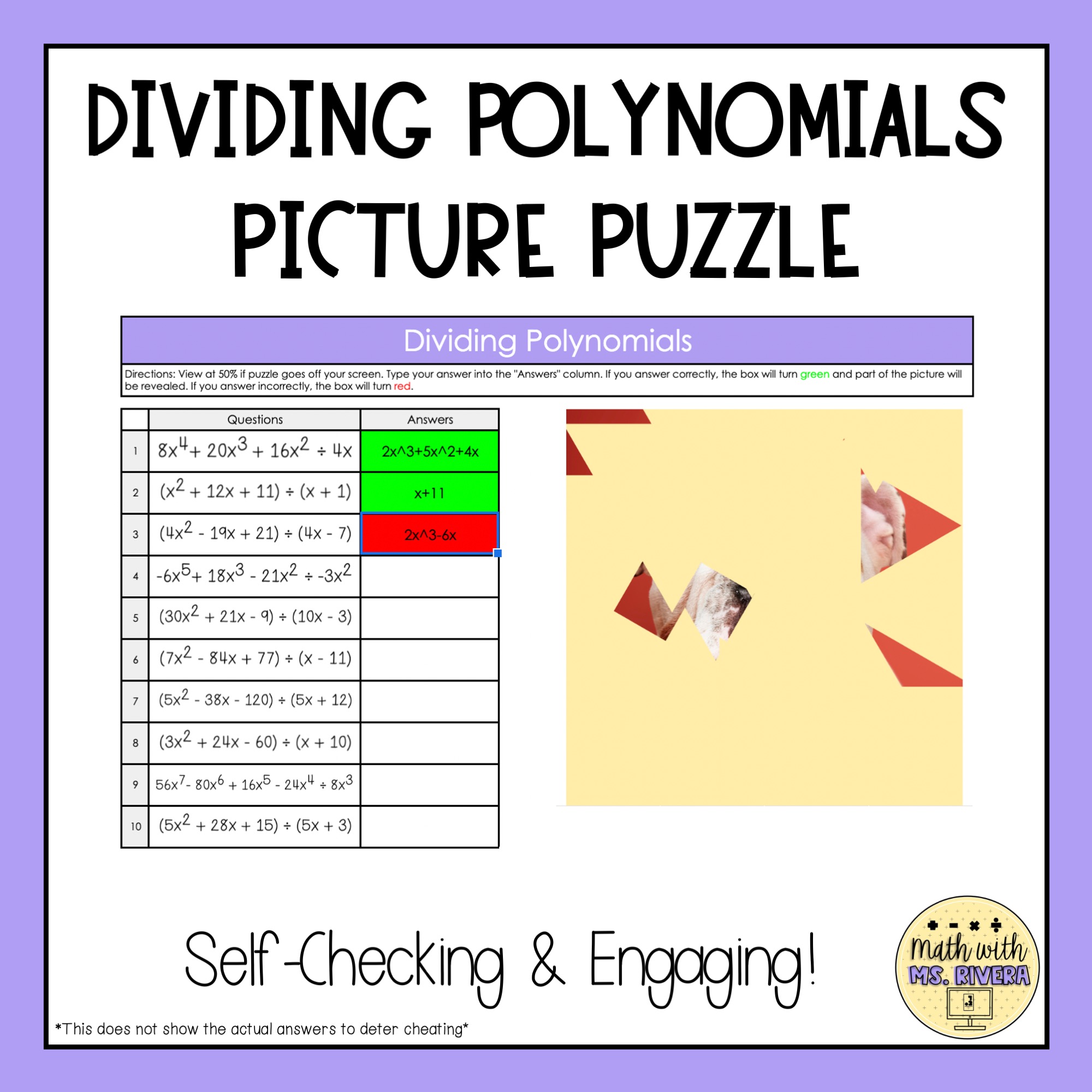 Dividing Polynomials Digital Picture Puzzle - Math with Ms. Rivera