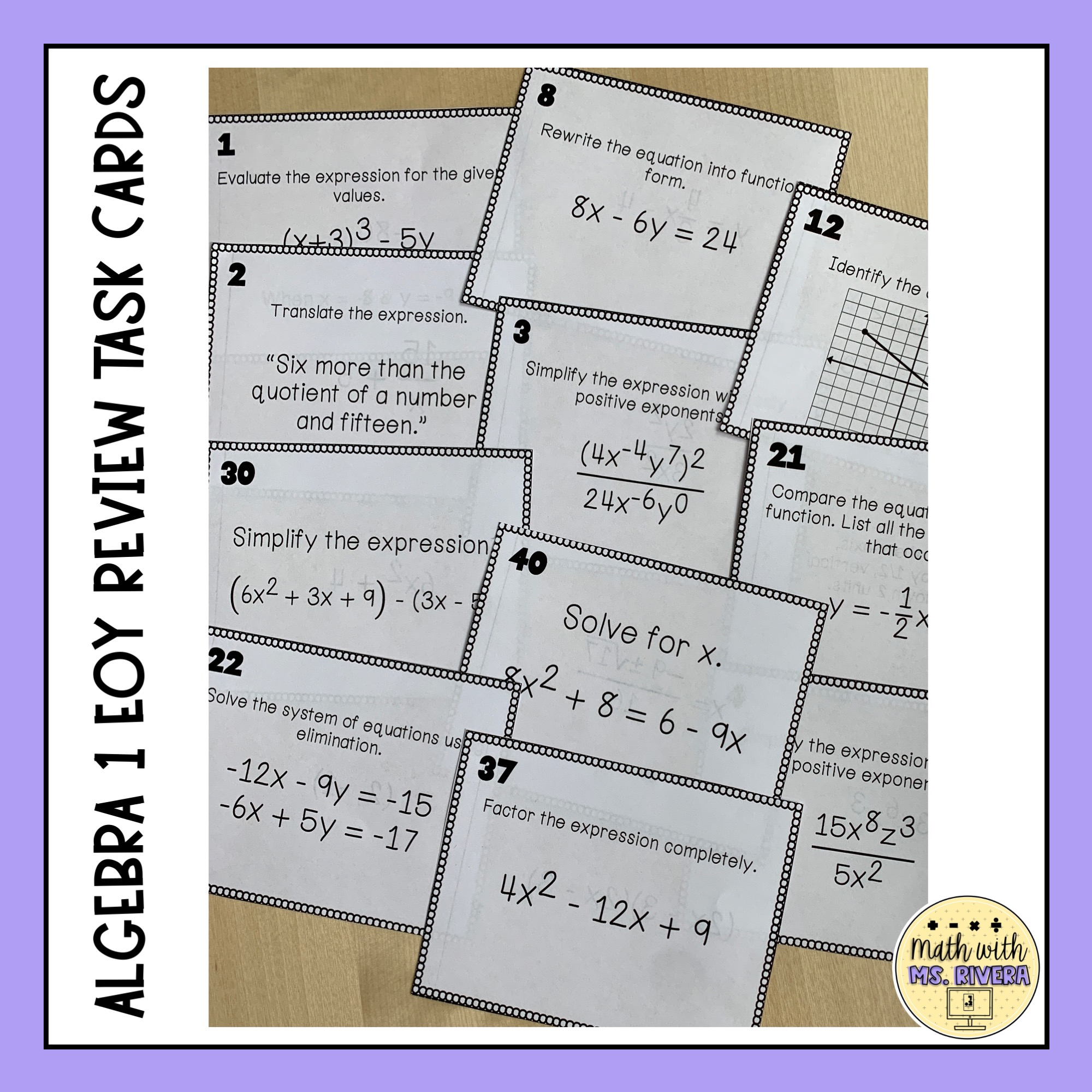 Algebra 1 EOY Review Task Cards - Math with Ms. Rivera