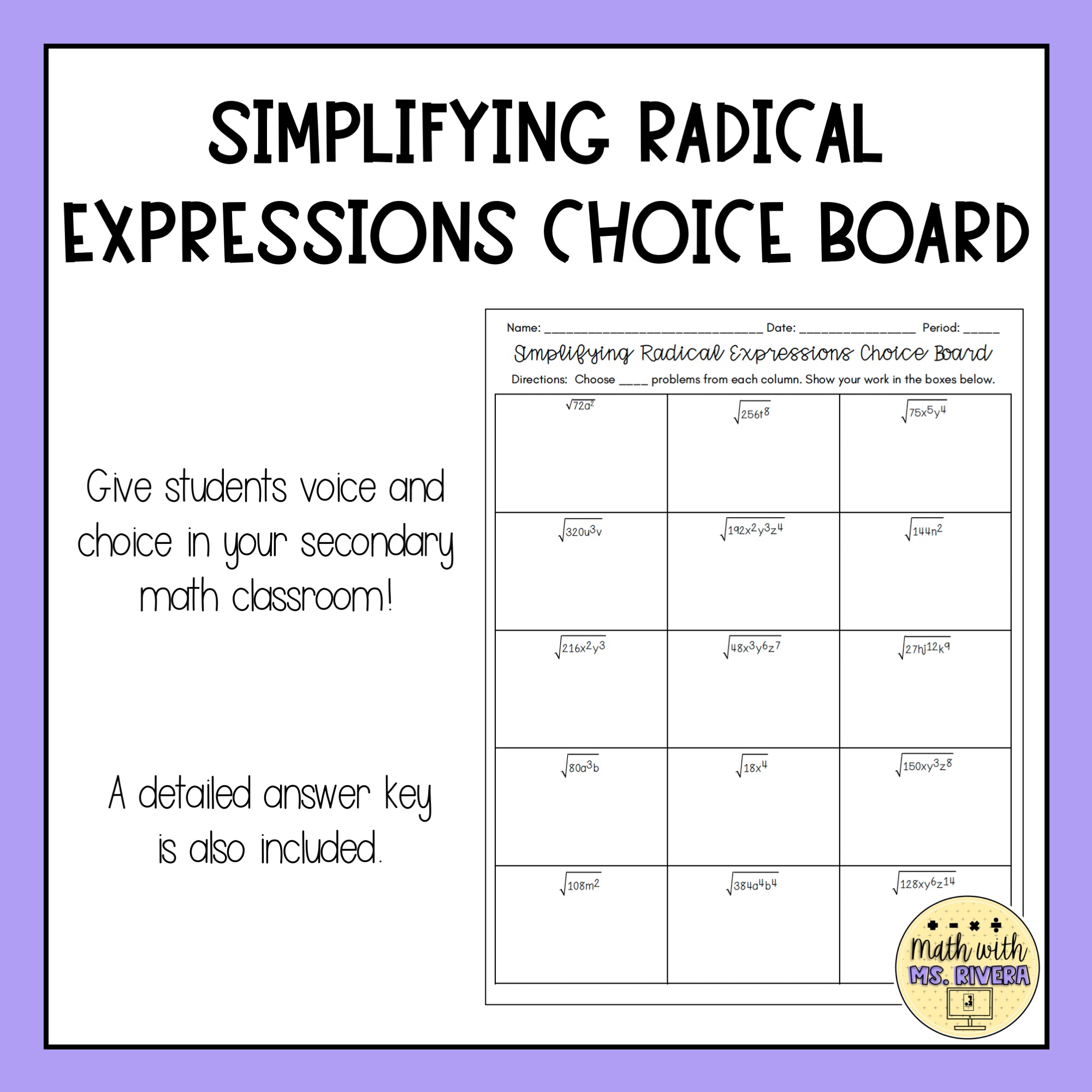 Simplifying Radical Expressions Choice Board - Math with Ms. Rivera Inside Multiplying Radical Expressions Worksheet