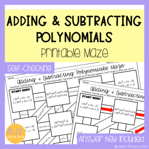 Adding & Subtracting polynomials printable maze cover tpt product