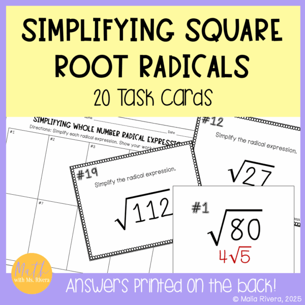 Simplifying Square Roots Radical Expressions Task Cards Activity for ...