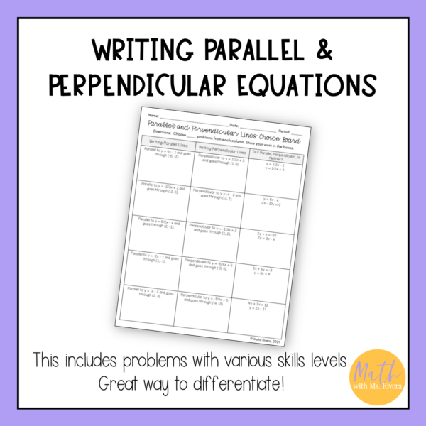 Writing Parallel and Perpendicular Line Equations Worksheet Choice Board - Image 2