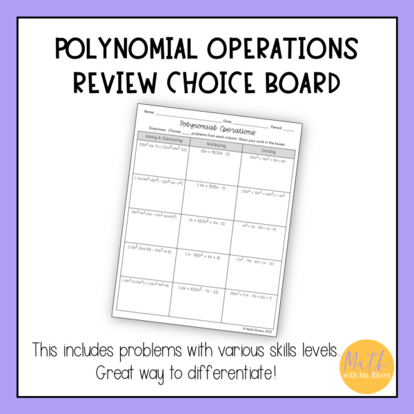 Operations with Polynomials Worksheet Choice Board for Algebra 1 - Image 2