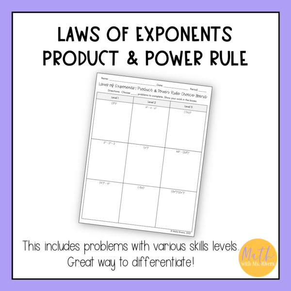 Exponent Rules Practice Product and Power Rule Worksheet Choice Board for Algebra 1 - Image 2