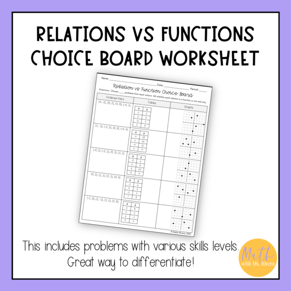 Relation vs Function Worksheet Choice Board for 8th Grade Pre Algebra - Image 4