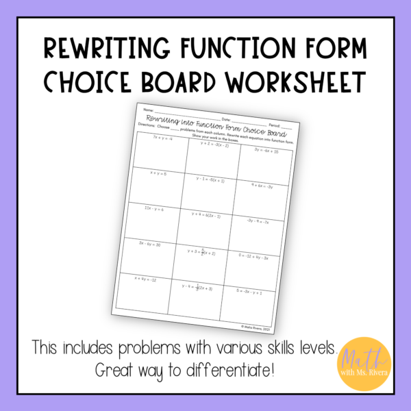 Rewriting Functions & Slope Intercept Form Worksheet Choice Board for Algebra 1 - Image 2