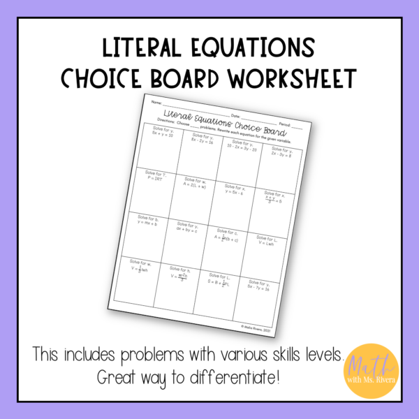 Rewriting Literal Equations Choice Board Worksheet for Algebra 1 - Image 2