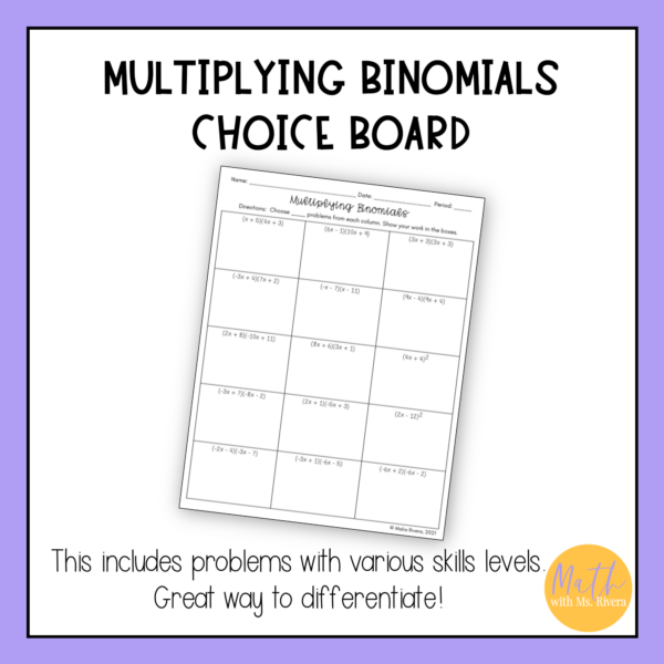 Multiplying Binomials FOIL Worksheet Choice Board for Algebra 1 - Image 2