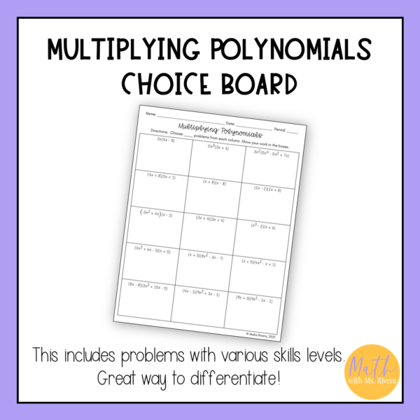 Multiplying Polynomials Worksheet Choice Board for Algebra 1 - Image 2