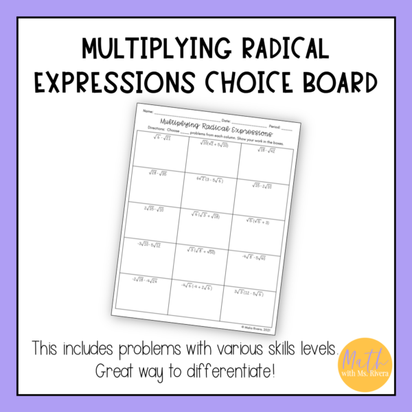 Multiplying Radical Expressions Worksheet Choice Board for Algebra 1 - Image 2