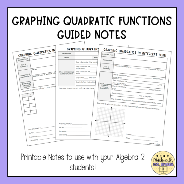 Graphing Quadratic Functions Guided Notes Bundle Algebra 2 Thumbnail 3