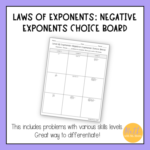 Laws of Exponents Negative Exponents Worksheet Homework Algebra 1 - Image 2