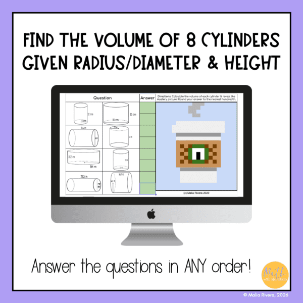 Volume of Cylinders Pixel Art Digital Self Checking Activity for 8th ...