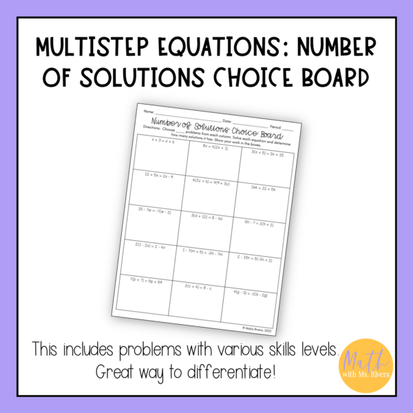 Solving Multi Step Equations & Number of Solutions Worksheet Choice Board - Image 2