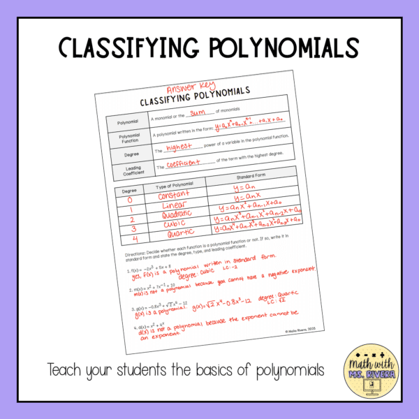 Classifying Polynomial Functions Guided Notes Lesson for Algebra 2 ...