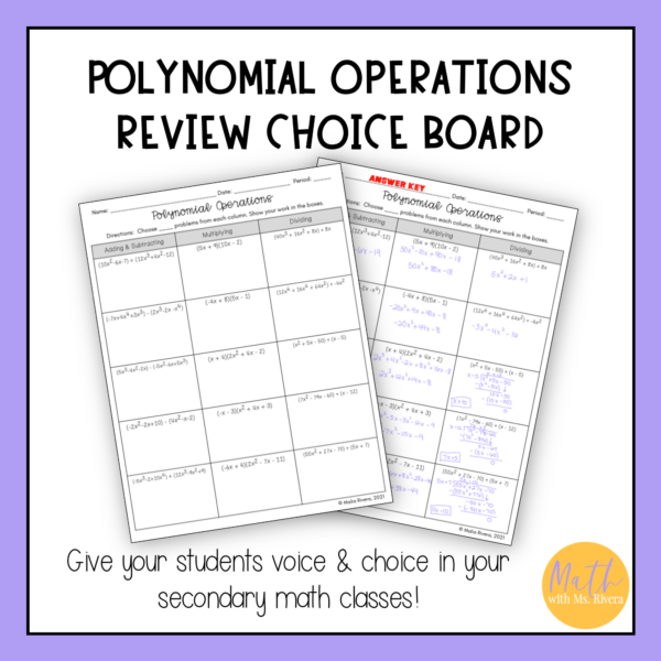 Operations with Polynomials Worksheet Choice Board for Algebra 1 - Image 3