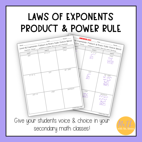 Exponent Rules Practice Product and Power Rule Worksheet Choice Board for Algebra 1 - Image 3