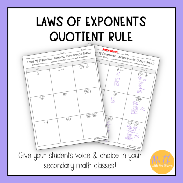 Exponent Rules Practice - Quotient Rule Worksheet Choice Board for Algebra 1 - Image 3