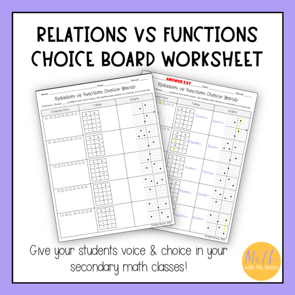 Relation vs Function Worksheet Choice Board for 8th Grade Pre Algebra - Image 3