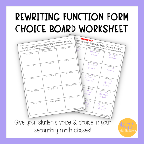 Rewriting Functions & Slope Intercept Form Worksheet Choice Board for Algebra 1 - Image 3