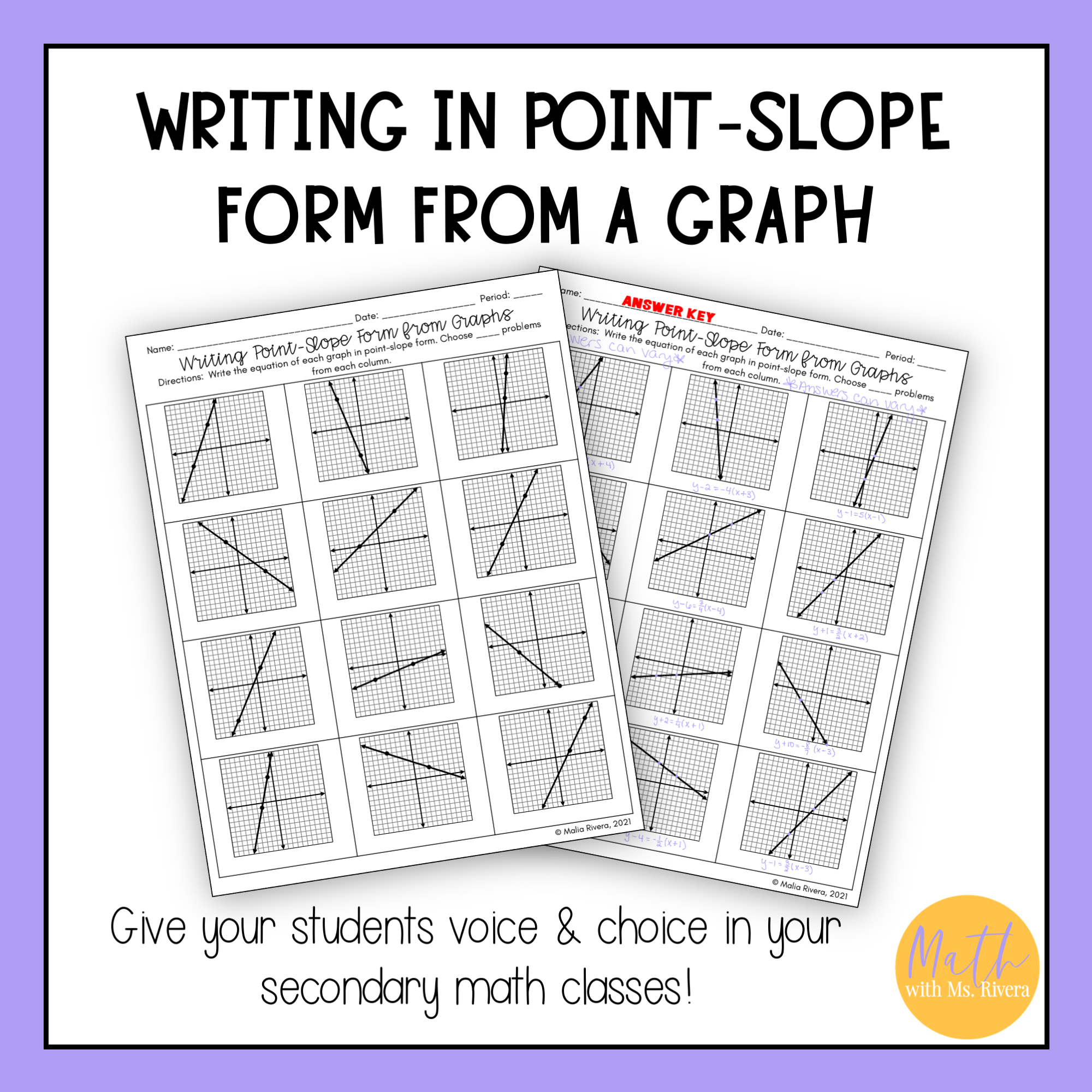 Writing in Point Slope Form from a Graph Worksheet Choice Board for ...