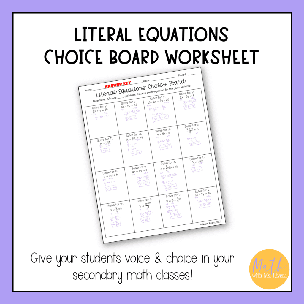 Mathr Mal Solving Literal Equations Choice Board Worksheet for Algebra 1 - Maila ...