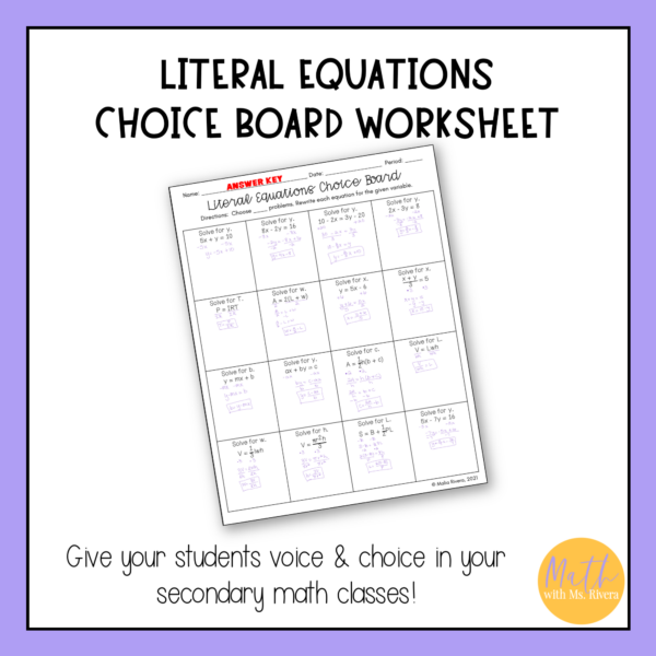 Rewriting Literal Equations Choice Board Worksheet for Algebra 1 - Image 3