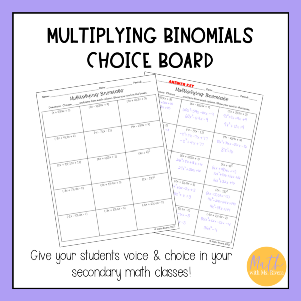 Multiplying Binomials FOIL Worksheet Choice Board for Algebra 1 - Image 3