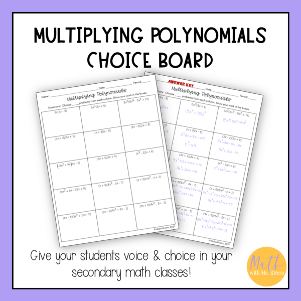 Multiplying Polynomials Worksheet Choice Board for Algebra 1 - Image 3