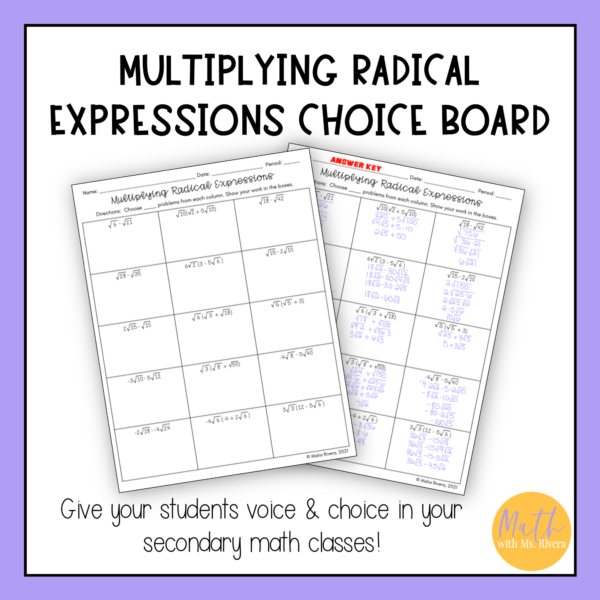 Multiplying Radical Expressions Worksheet Choice Board for Algebra 1 - Image 3