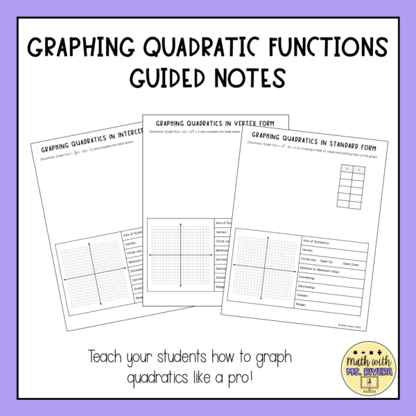 Graphing Quadratic Functions Guided Notes Bundle Algebra 2 Thumbnail 2