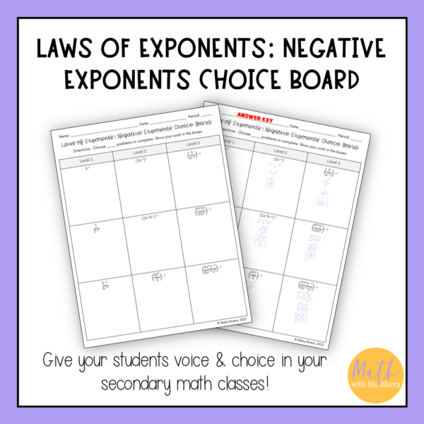 Laws of Exponents Negative Exponents Worksheet Homework Algebra 1 - Image 3