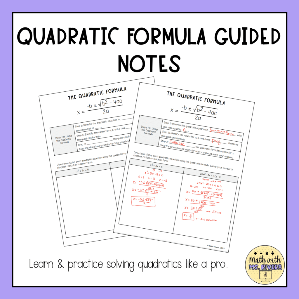 Quadratic Formula Guided Notes for Algebra 2 - Maila Rivera | Math with ...