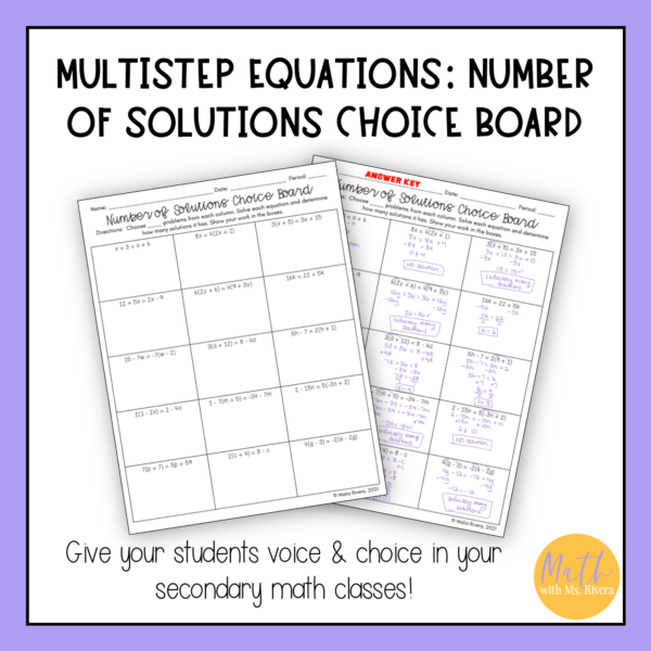 Solving Multi Step Equations & Number of Solutions Worksheet Choice Board - Image 3