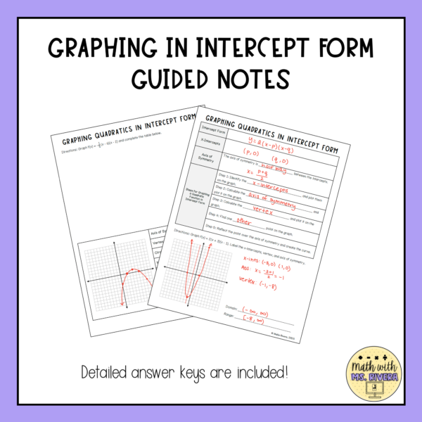 Graphing Quadratic Functions in Intercept Form Guided Notes for Algebra 2 Thumbnail