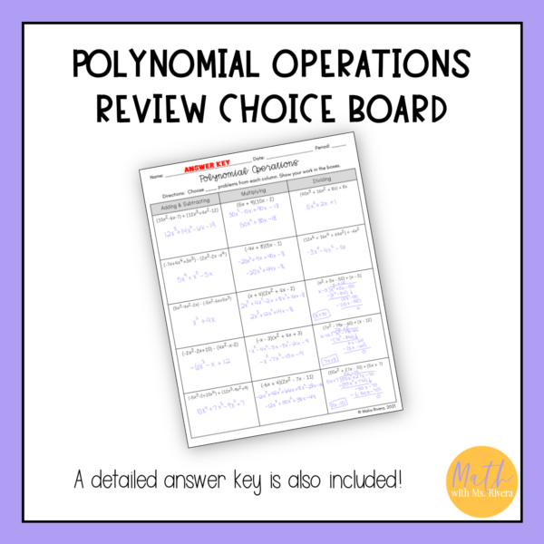 Operations with Polynomials Worksheet Choice Board for Algebra 1 - Image 4