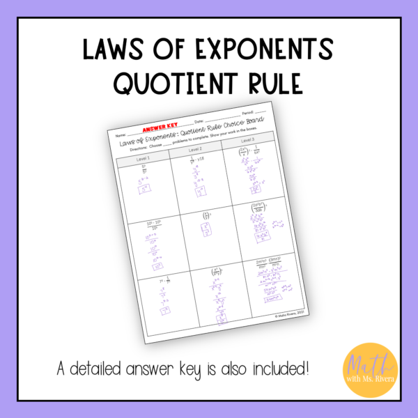 Exponent Rules Practice - Quotient Rule Worksheet Choice Board for Algebra 1 - Image 4