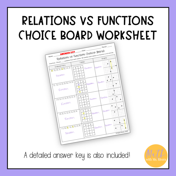 Relation vs Function Worksheet Choice Board for 8th Grade Pre Algebra - Image 2