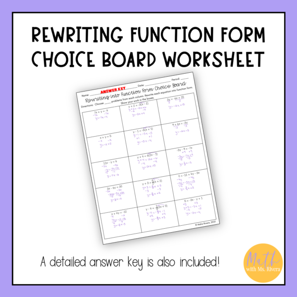 Rewriting Functions & Slope Intercept Form Worksheet Choice Board for Algebra 1 - Image 4