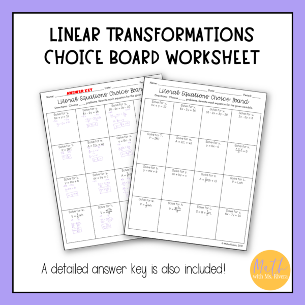 Rewriting Literal Equations Choice Board Worksheet for Algebra 1 - Image 4