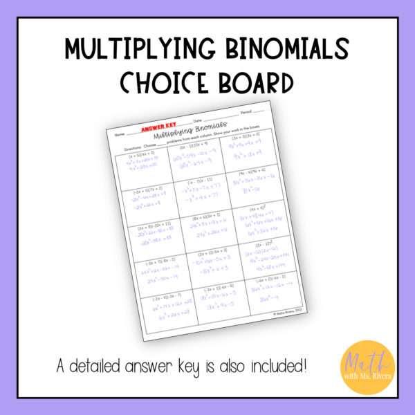 Multiplying Binomials FOIL Worksheet Choice Board for Algebra 1 - Image 4