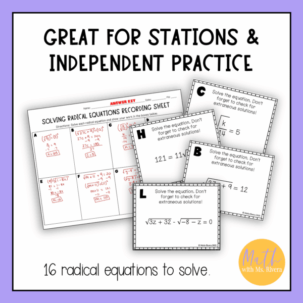 Solving Radical Equations Task Cards Self Checking Activity for Algebra ...
