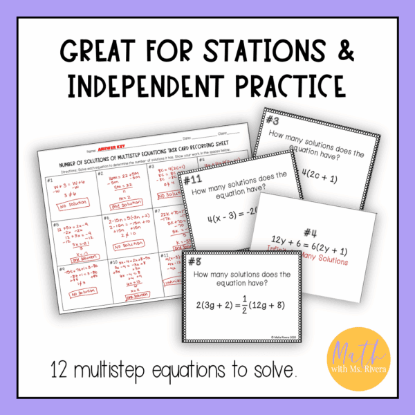 Solving Multi Step Equations Number of Solutions Task Cards Activity ...