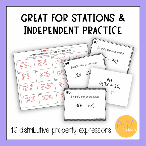 Simplifying Expressions Distributive Property Task Cards for Pre ...