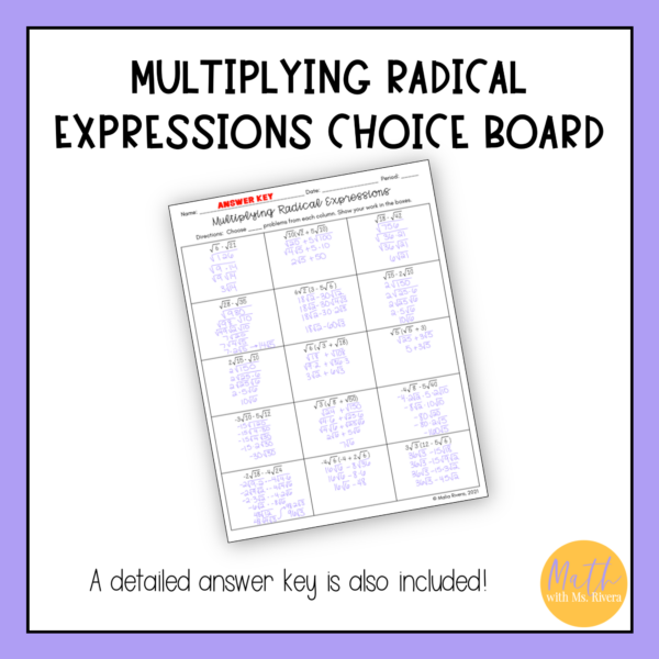 Multiplying Radical Expressions Worksheet Choice Board for Algebra 1 - Image 4