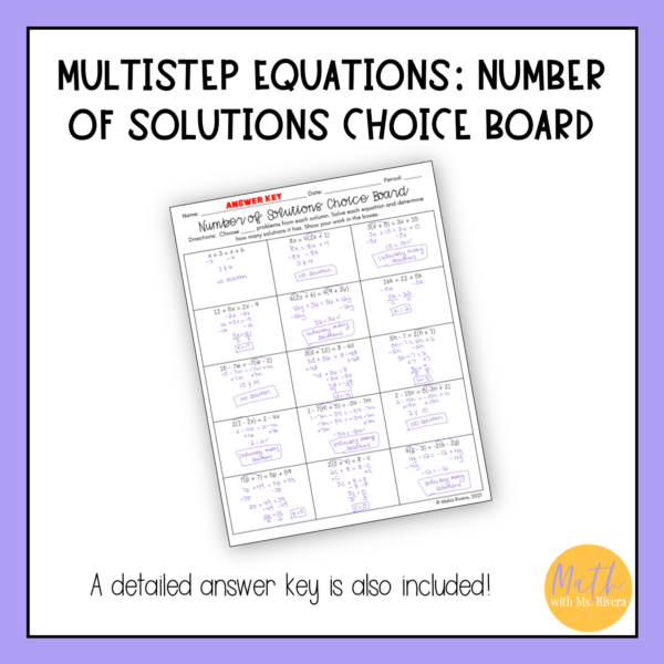 Solving Multi Step Equations & Number of Solutions Worksheet Choice Board - Image 4