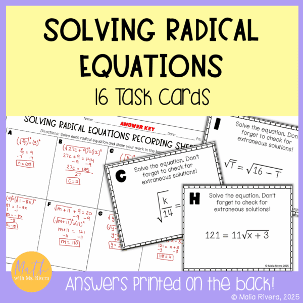 Solving Radical Equations Task Cards Self Checking Activity for Algebra ...