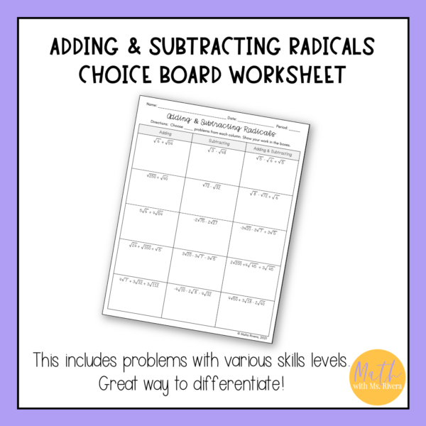 Adding and Subtracting Radicals Choice Board Worksheet for Algebra 1 thumbnail 3